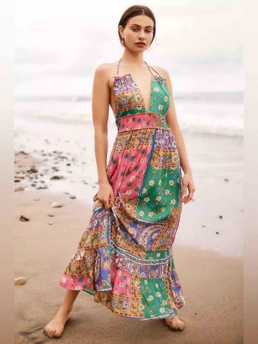 ANTHROPOLOGIE Mahila New Anne Deep V-Neck Scarf Colorful Satin Maxi Dress sz M